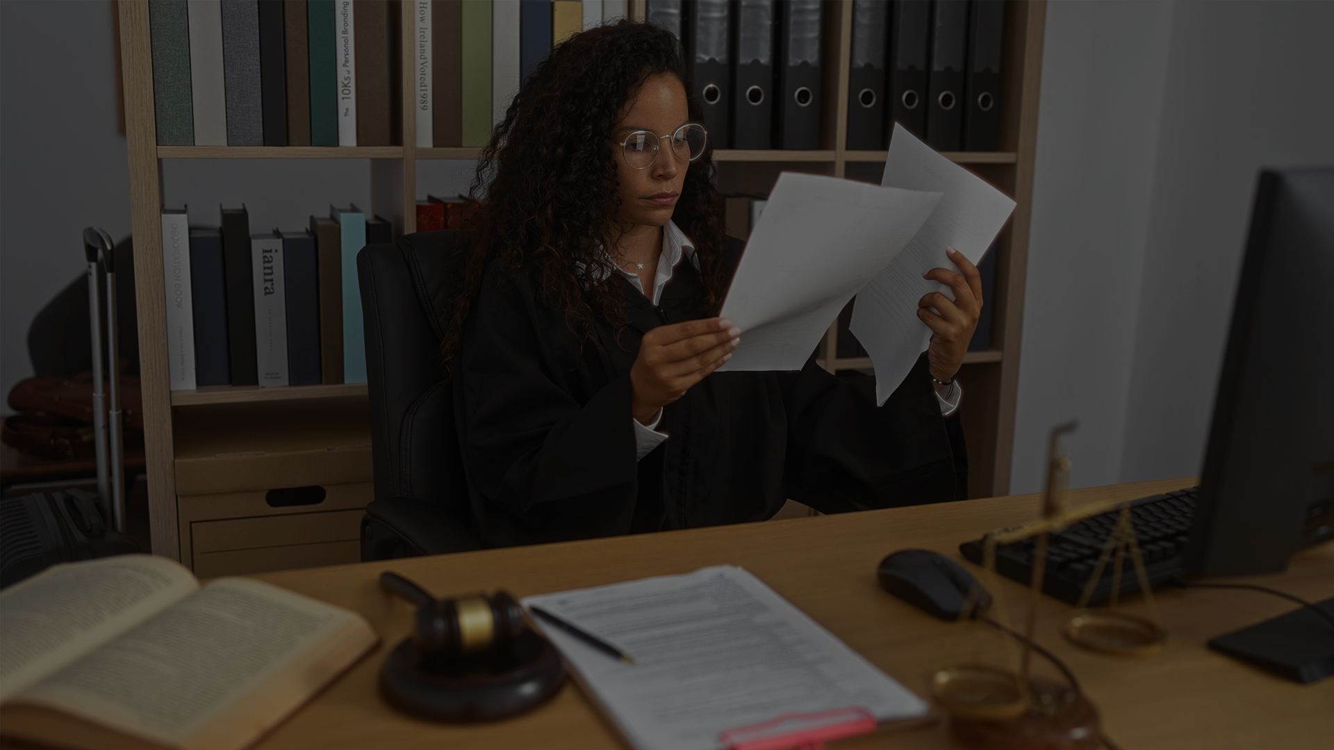A legal professional sitting at a desk in an office, reviewing documents.
